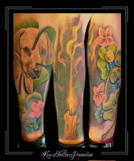 sleeve,portret,hond,bloemen,kaars,gelukspoppetje,klavertje 4, onderarm,