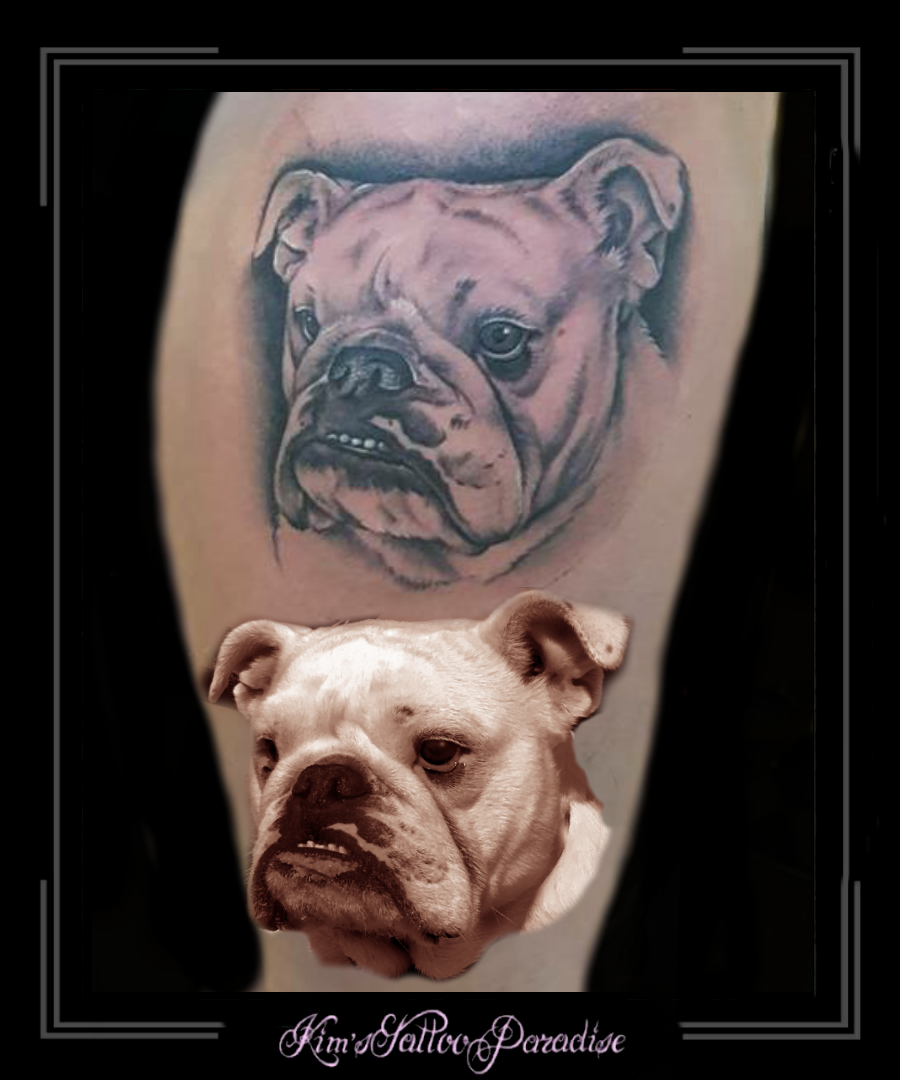 portret bulldog hond bovenbeen